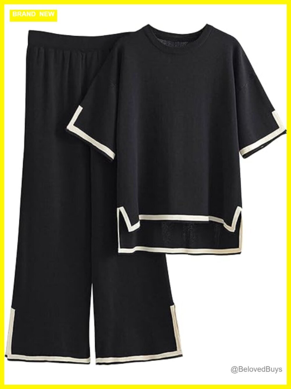 Womens Knit 2 Piece Lounge Set Short Sleeve Pullover Wide Leg Pants